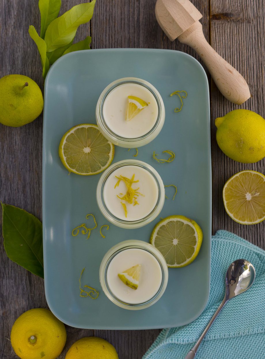 Feine Zitronencreme in Dessertgläsern, angerichtet auf einer türkisfarbenen rechtekcigen Schale und dekoriert mit Zitronen und Zitronenscheiben.